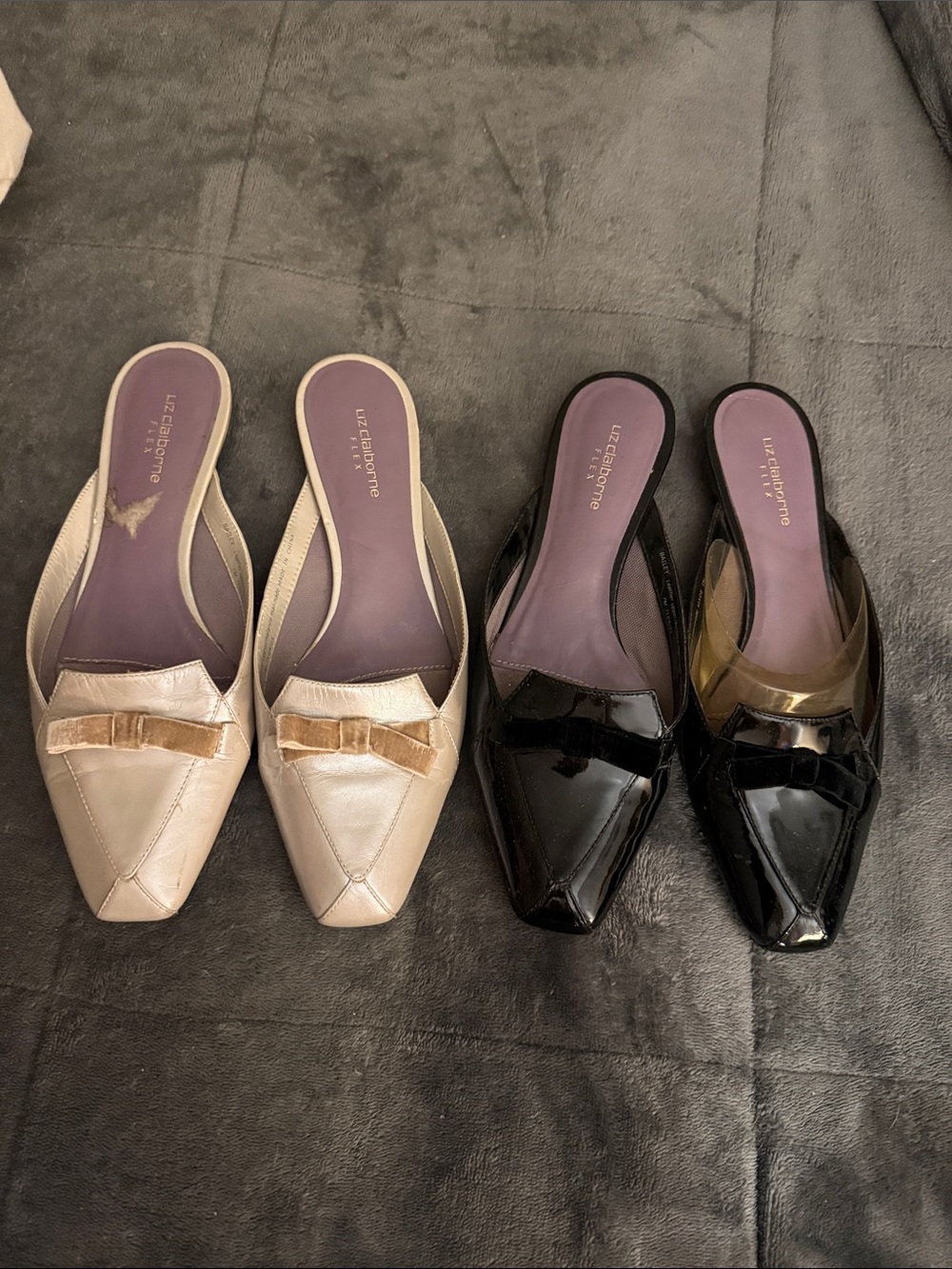 Liz Claiborne Pointed Bow Slip-On Mules in Black and Cream (Pair)